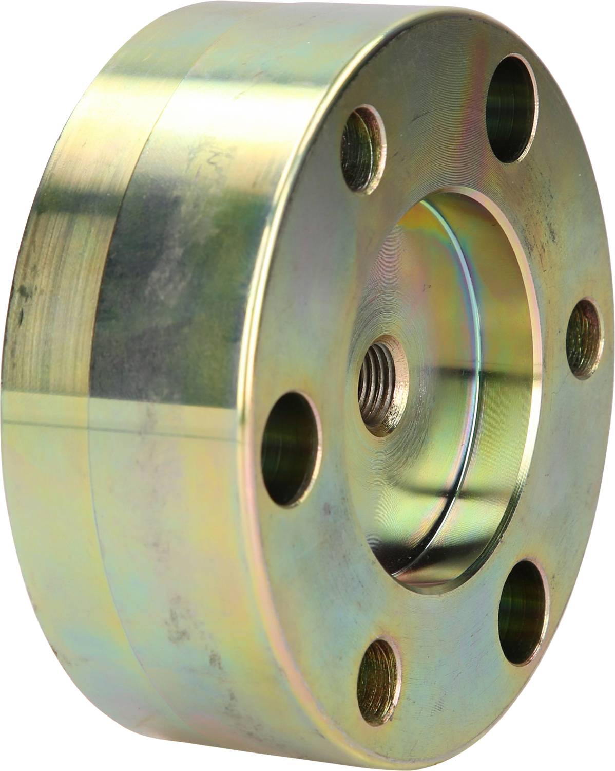 Metalowy kołnierz z wieloma otworami, o kształcie cylindrycznym, stosowany do łączenia rur w systemach hydraulicznych.