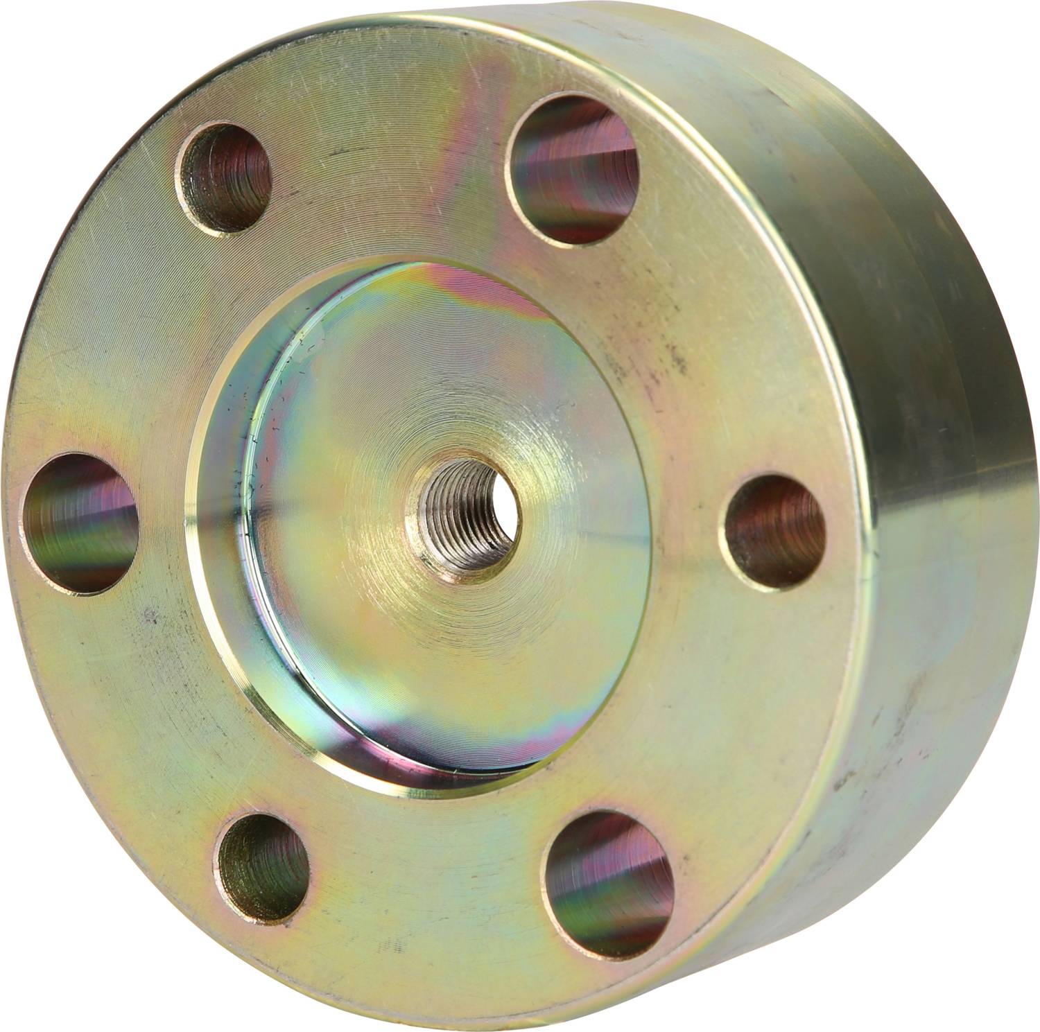 Okrągła metalowa część z centralnym gwintem i pięcioma symetrycznie rozmieszczonymi otworami. Powierzchnia mieni się wieloma kolorami.