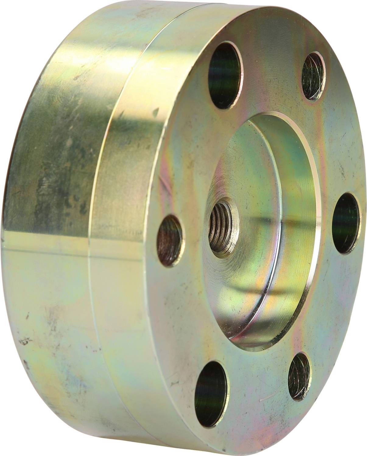 Metalowy kołnierz z pięcioma otworami i gwintem pośrodku, o złotej powierzchni i cylindrycznym kształcie.