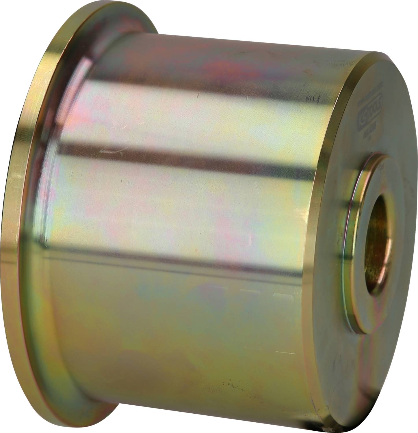 Rolka metalowa o lśniącej, wielobarwnej powierzchni, w kształcie cylindra. Stosowana w zastosowaniach przemysłowych lub w budowie maszyn.