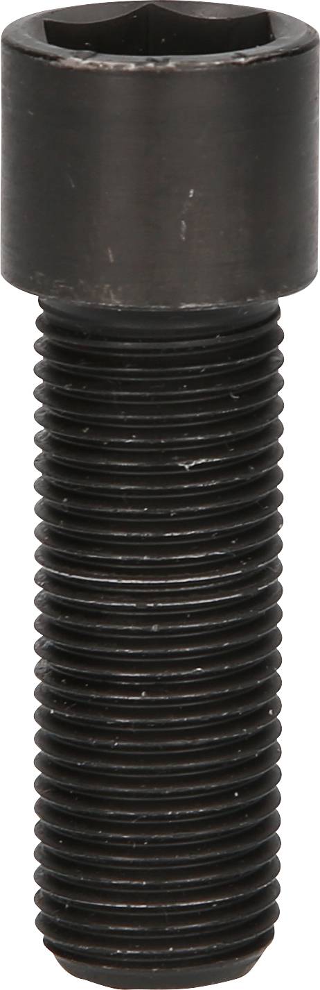 Czarna śruba z łbem sześciokątnym wewnętrznym i gwintem przelotowym, ustawiona pionowo.