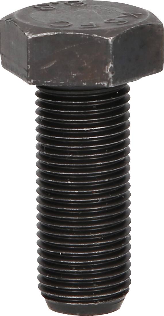 Czarna metalowa śruba z łbem sześciokątnym i gwintem przelotowym, sfotografowana na białym tle.