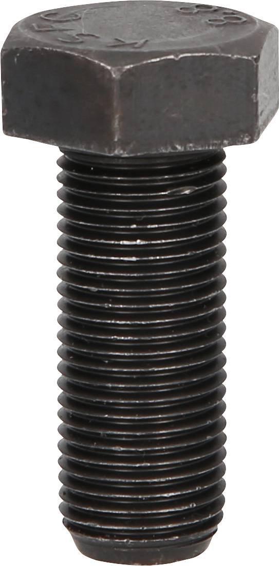 Czarny śrubowy bolec z łbem sześciokątnym i gwintem, ustawiony pionowo.