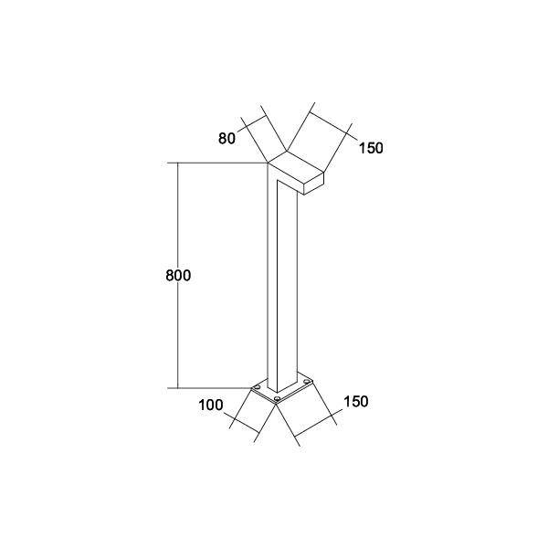 Rysunek techniczny metalowego wspornika z wymiarami: szerokość 150, głębokość 100, wysokość 800 mm. Odpowiedni do mocowania rur.