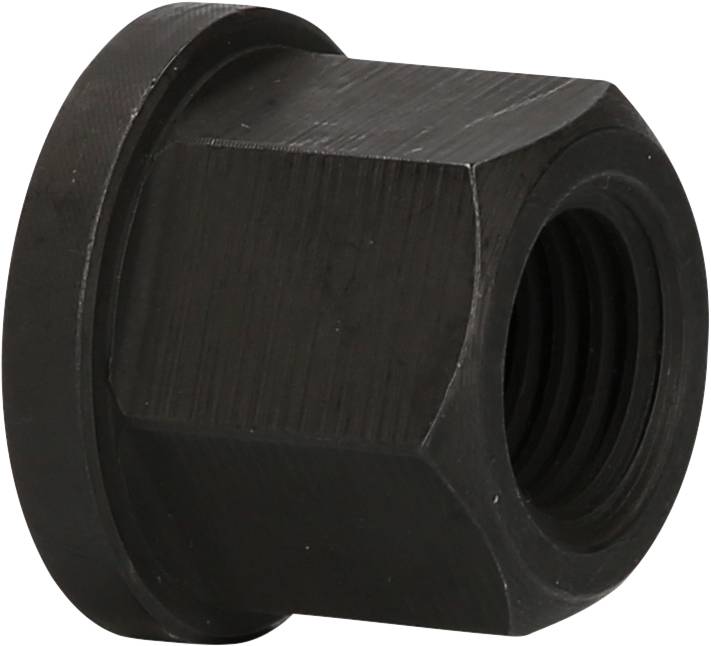 Czarna metalowa nakrętka z sześciokątnym korpusem i okrągłą podkładką, przeznaczona do połączeń śrubowych.