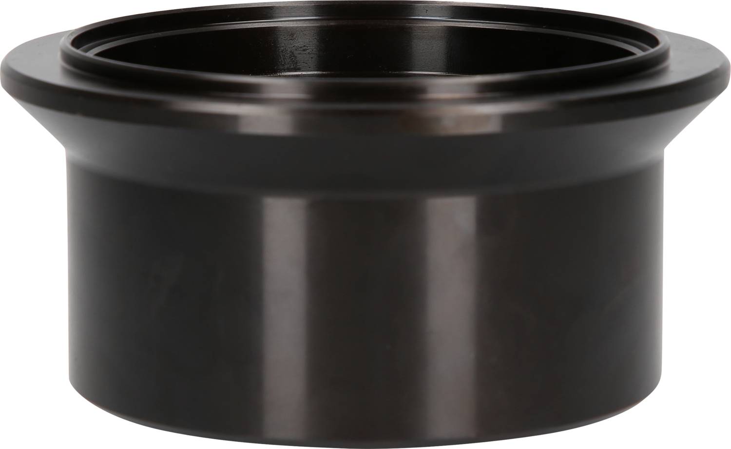 Czarny, cylindryczny pojemnik z tworzywa sztucznego z szeroką krawędzią, pozbawiony widocznych oznaczeń lub dekoracji.