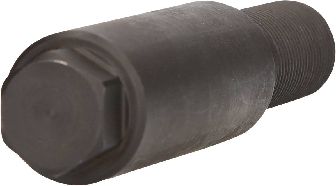 Czarny, cylindryczny element metalowy z gwintem na jednym końcu, który prawdopodobnie służy jako element mechaniczny.