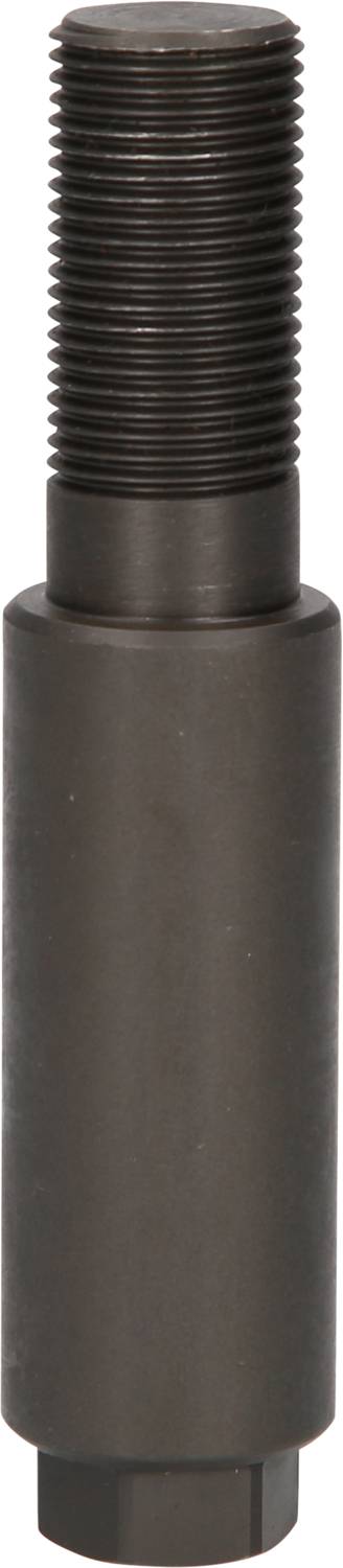 Czarna śruba z łbem walcowym i gwintem, ustawiona pionowo.