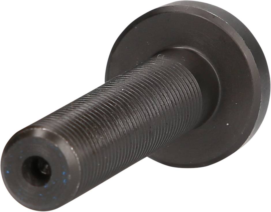 Czarny, masywny cylinder metalowy z gwintem i płaską główką. Prawdopodobnie element śruby maszynowej.