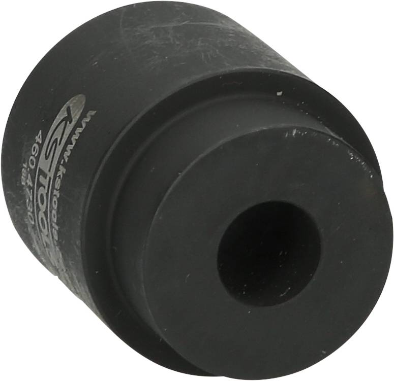 Czarny korek gumowy o kształcie stożkowym, z centralnym otworem i logo z boku. Stosowany do uszczelniania lub celów pomiarowych w laboratoriach.