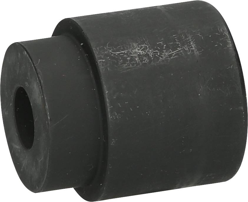 Czarny gumowy amortyzator w kształcie cylindra. Stosowany do tłumienia wstrząsów i redukcji hałasu w maszynach lub pojazdach.