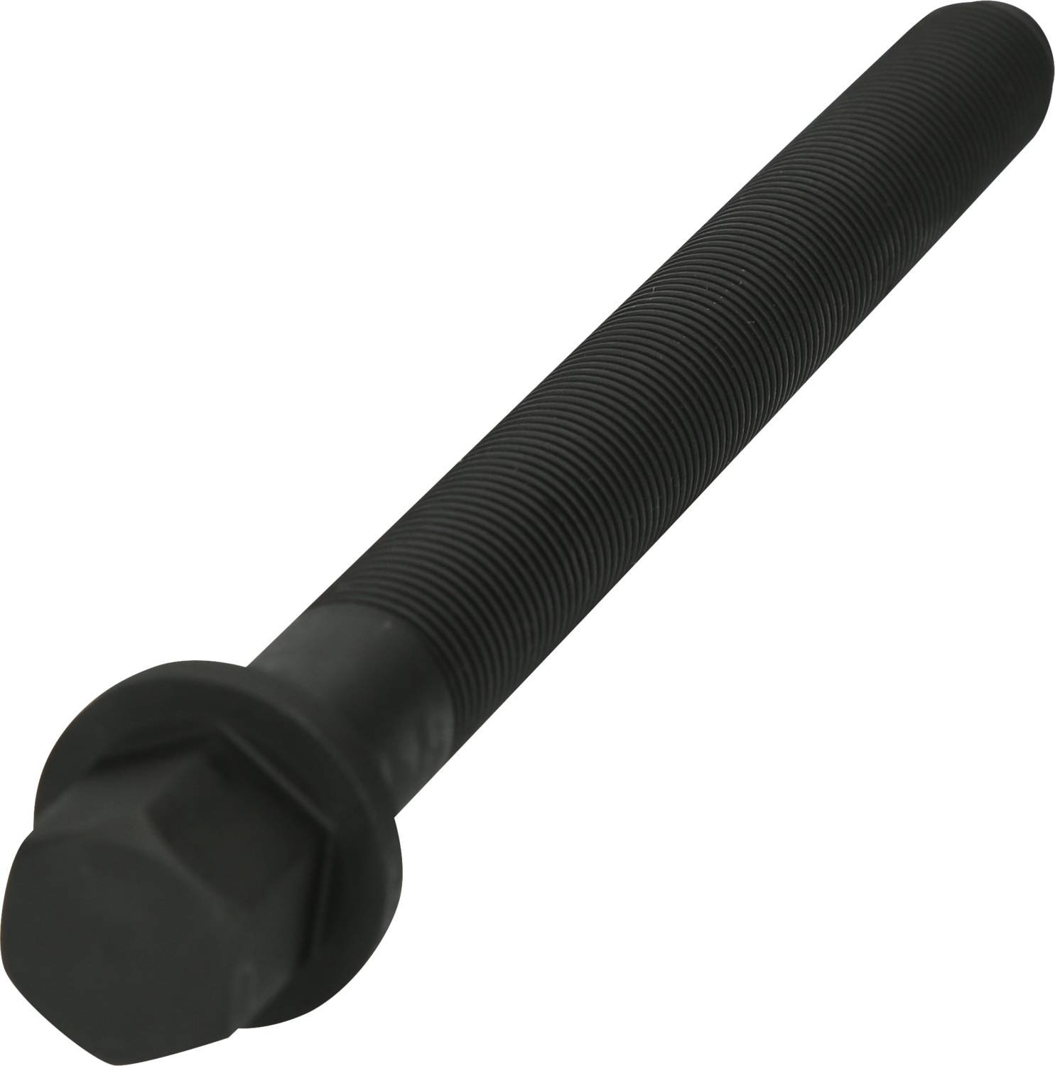 Stalowy śrubowy sworzeń sześciokątny, w kolorze czarnym, widziany pod skosem, odpowiedni do zastosowań w budowie maszyn lub projektach budowlanych.