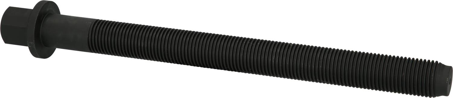 Czarny, długi śrubę z gwintem i sześciokątną główką.