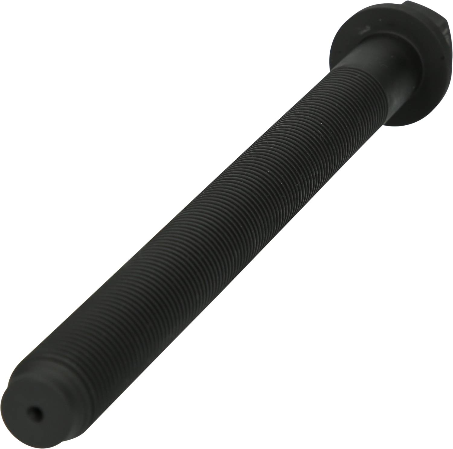 Długi, czarny element maszynowy z gwintem, prawdopodobnie śruba lub sworzeń, na białym tle.