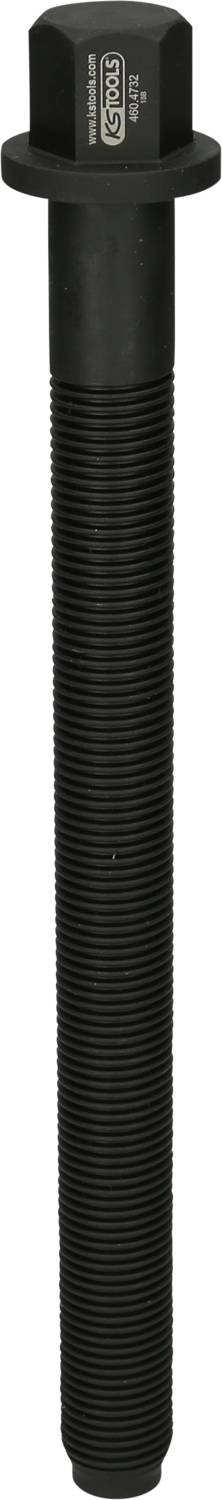 Długi, czarny, gwintowany śrubowy sworzeń z sześciokątną główką do mocowania lub łączenia części maszyn lub pojazdów.