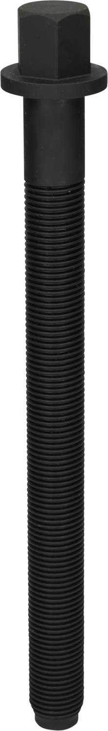 Długi, czarny wkręt z łbem sześciokątnym i gwintem przelotowym.
