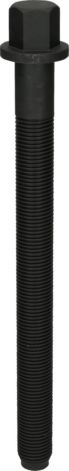 Czarna, długa śruba z sześciokątną główką i gwintem przelotowym, stosowana głównie do mocowań w budowie maszyn.