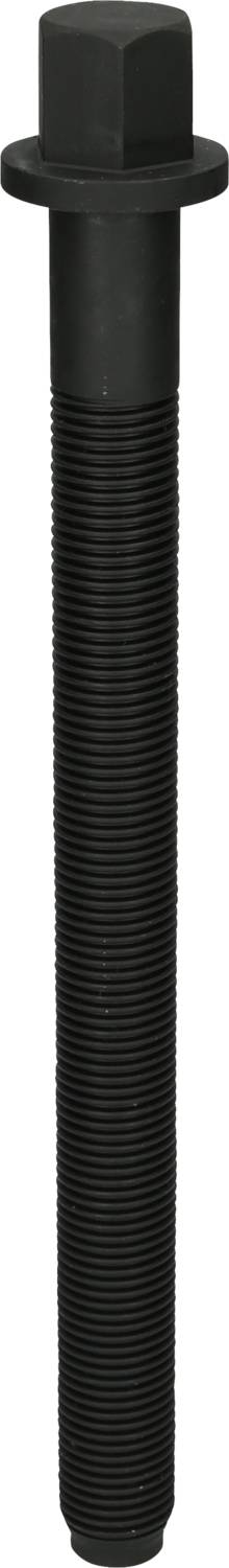 Czarna, długa śruba z łbem sześciokątnym i gwintem przelotowym, ustawiona pionowo.