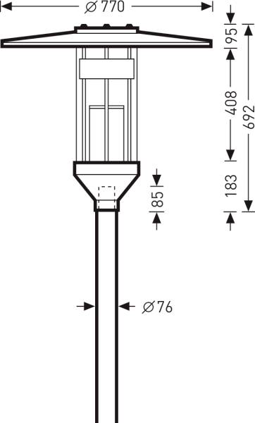 Rysunek techniczny latarni ulicznej z wymiarami: całkowita wysokość 692 mm, szerokość 770 mm, szerokość słupa 76 mm.