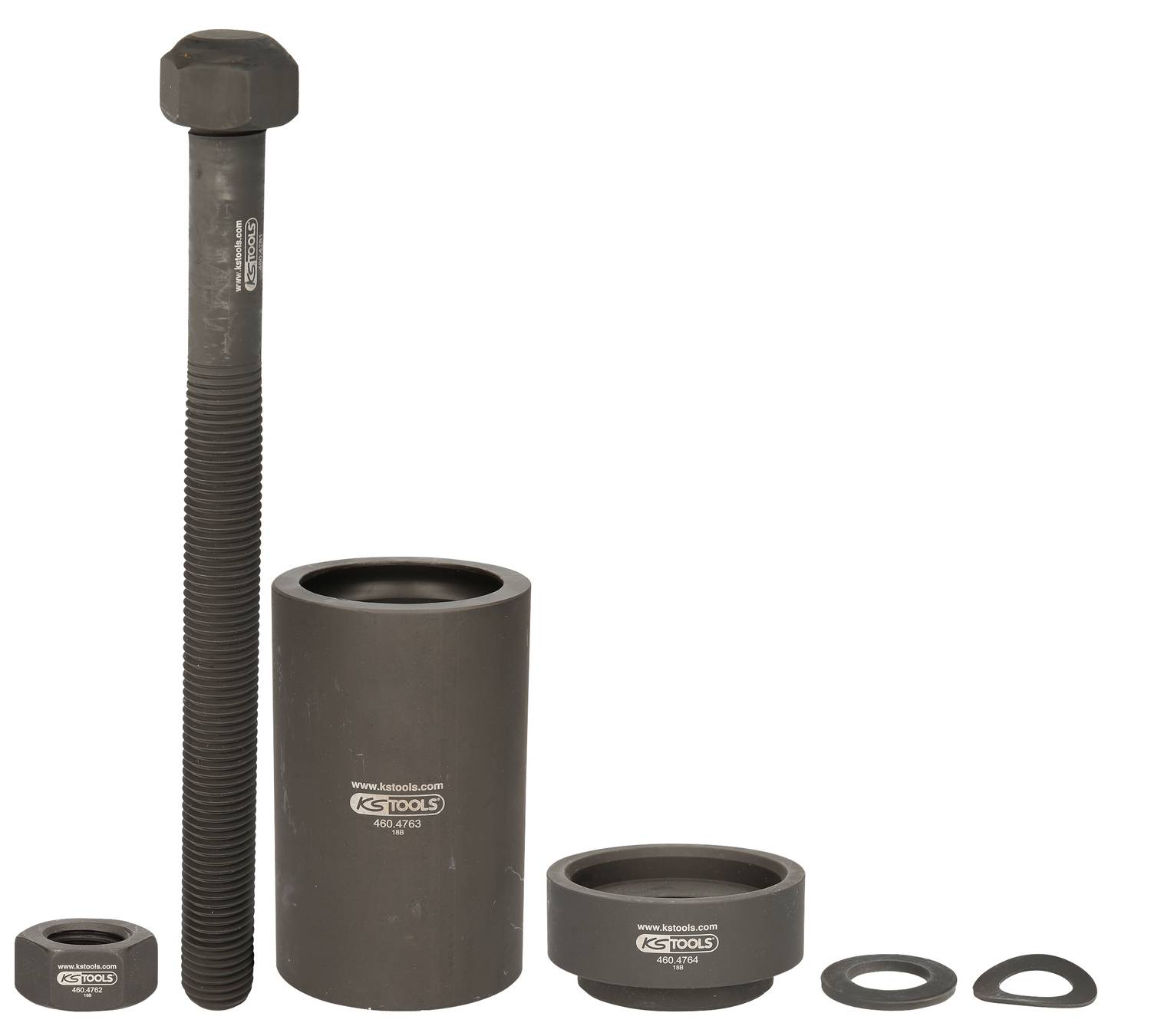 Zestaw narzędzi samochodowych składający się z długiej śruby z nakrętką, cylindrycznego korpusu pustego w środku oraz dwóch podkładek.