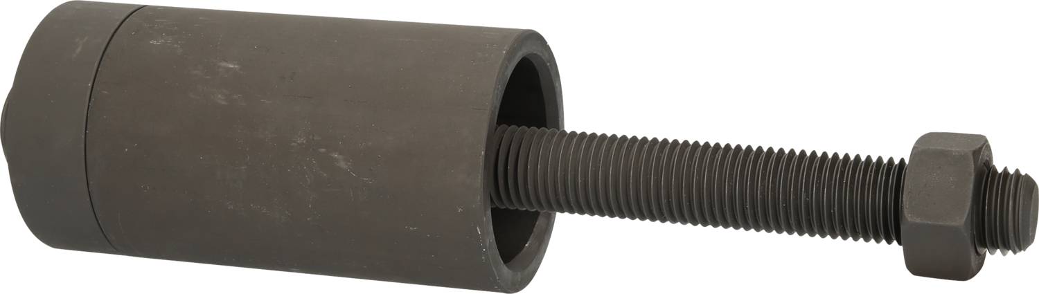 Cylindryczny blok metalowy z długim śrubem gwintowanym i nakrętką, używany do celów technicznych lub mechanicznych.