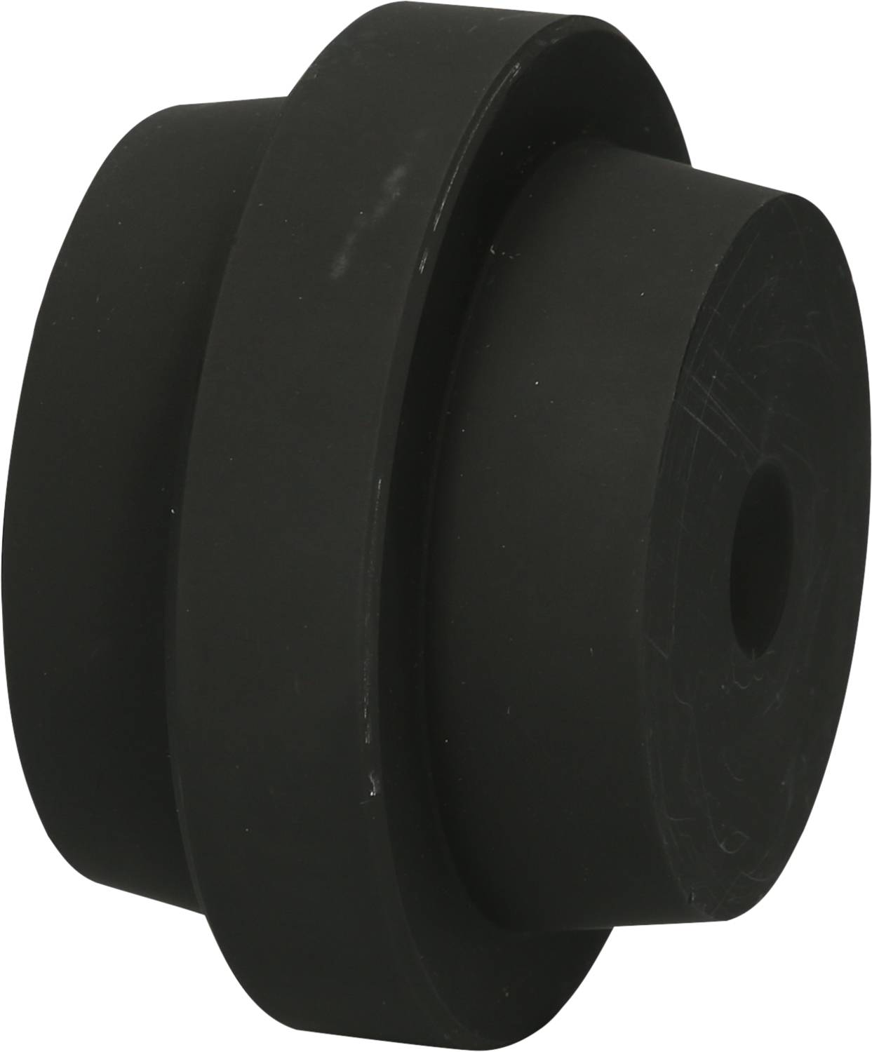 Czarny, cylindryczny element gumowy z otworem pośrodku. Może być tłumikiem lub amortyzatorem stosowanym w maszynach lub urządzeniach.