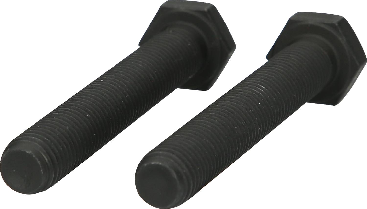 Dwie czarne śruby sześciokątne ułożone obok siebie na białym tle.