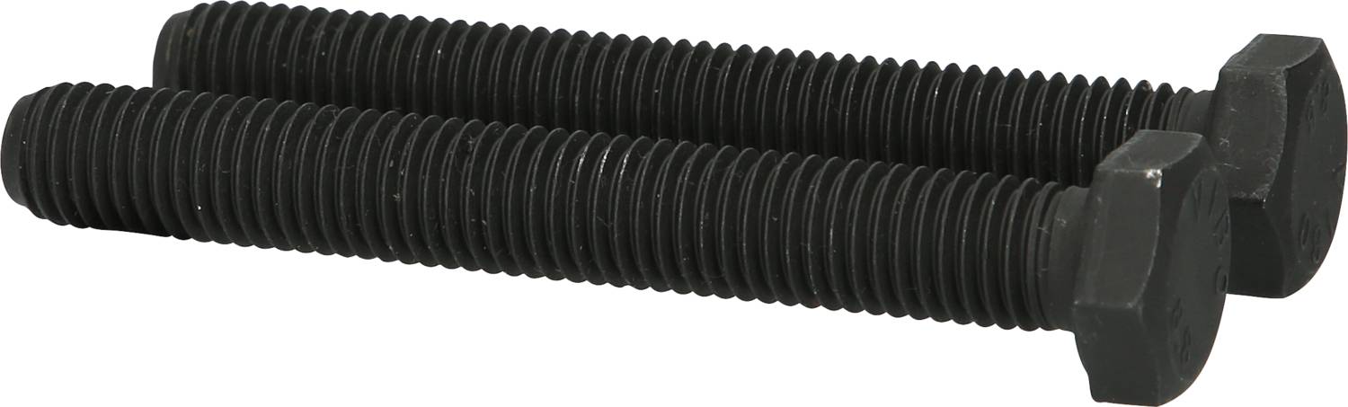 Dwie czarne sześciokątne śruby metalowe leżące obok siebie.