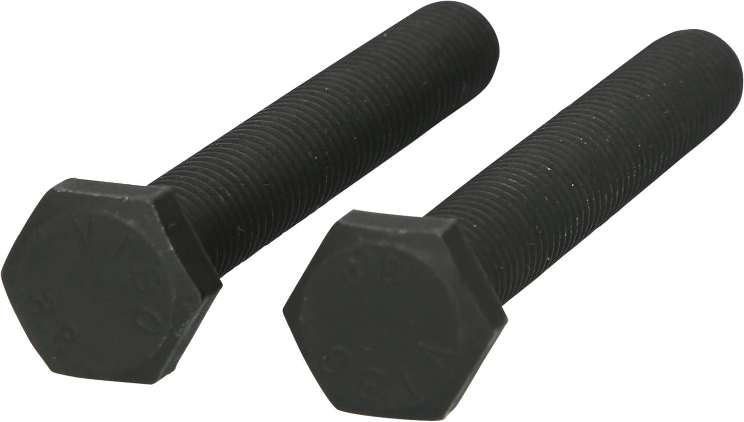 Dwie czarne sześciokątne śruby metalowe, ułożone równolegle, skierowane od prawej do lewej strony.