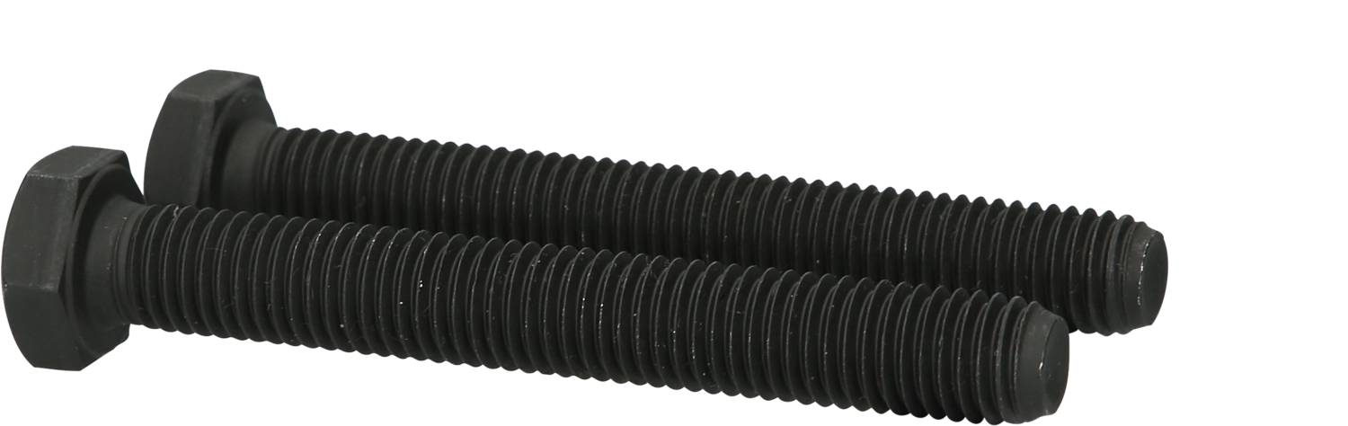 Dwie czarne śruby sześciokątne leżą równolegle na gładkiej powierzchni.