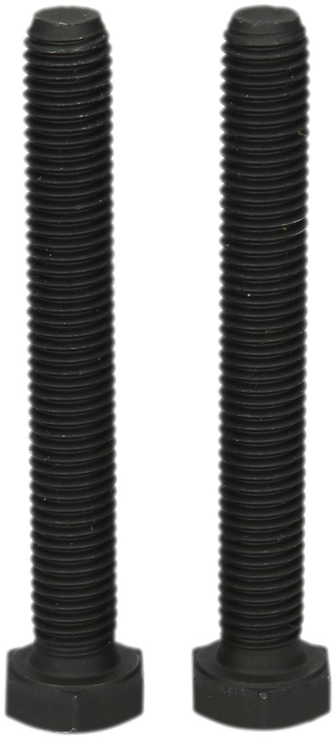 Dwie czarne śruby sześciokątne ułożone obok siebie, obie z długim gwintem.