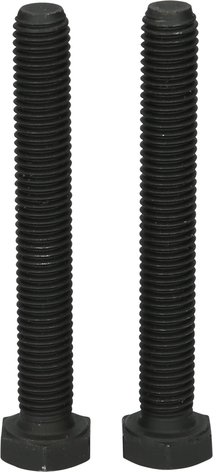 Dwie czarne śruby sześciokątne z gwintem przelotowym.