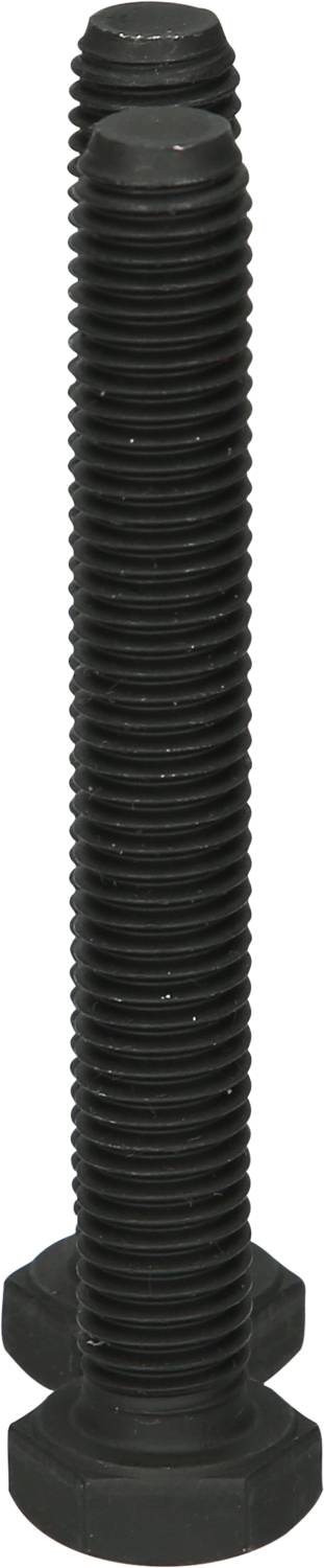 Dwie czarne, ułożone pionowo śruby sześciokątne z gwintem, ustawione pionowo na białym tle.