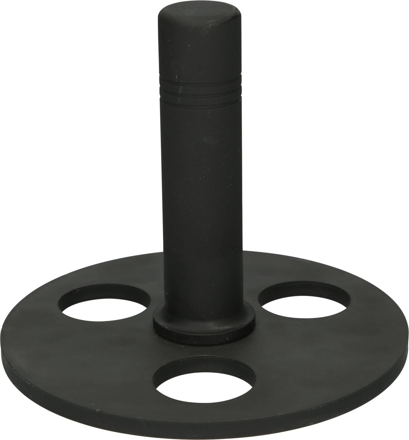 Okrągły, czarny uchwyt plastikowy z czterema otworami na podstawie w kształcie koła.