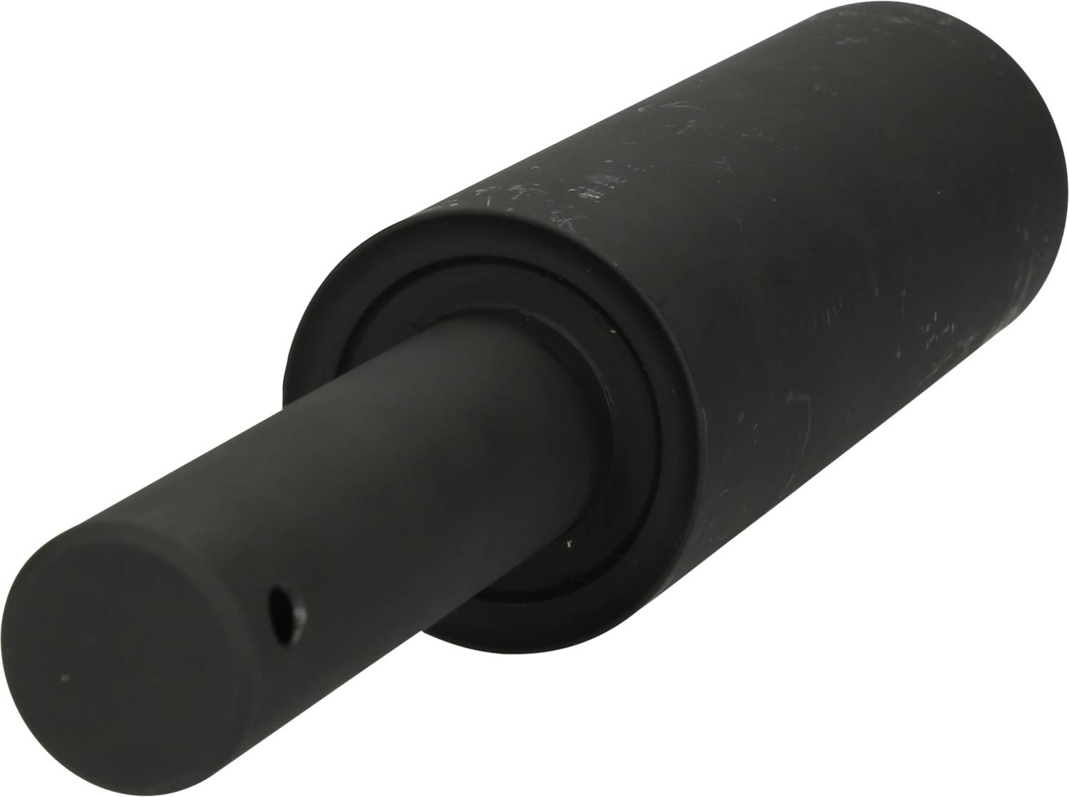 Czarna, cylindryczna rolka o gładkiej powierzchni, prawdopodobnie część maszyny lub akcesorium techniczne.