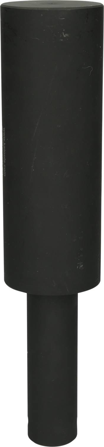 Czarny cylindryczny przedmiot o szerszej górnej połowie i węższej dolnej części, prawdopodobnie element techniczny.