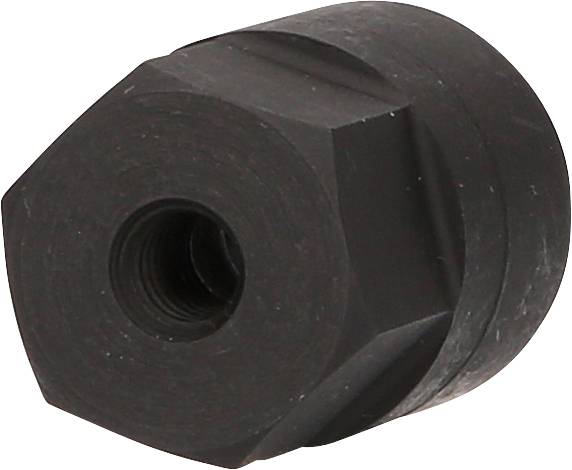 Czarna aluminiowa nakrętka mocowana śrubą do zastosowań mechanicznych lub technicznych. Solidna konstrukcja, odpowiednia do zastosowań obrotowych lub zaciskowych.