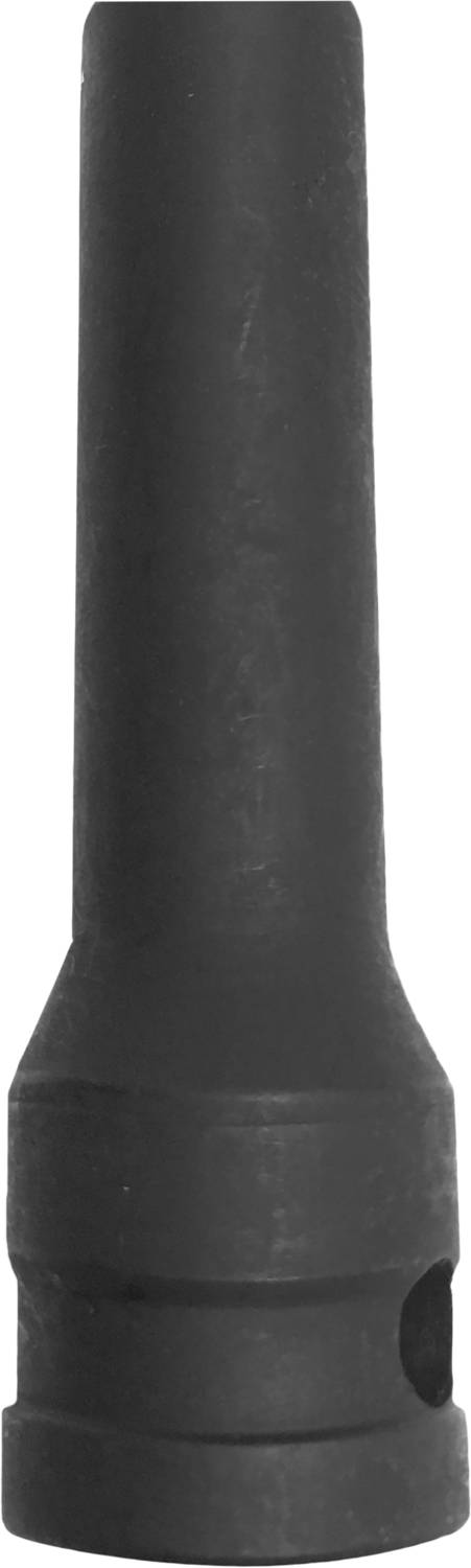 Czarny, cylindryczny element metalowy o jednym szerszym i drugim węższym końcu, prawdopodobnie część techniczna.