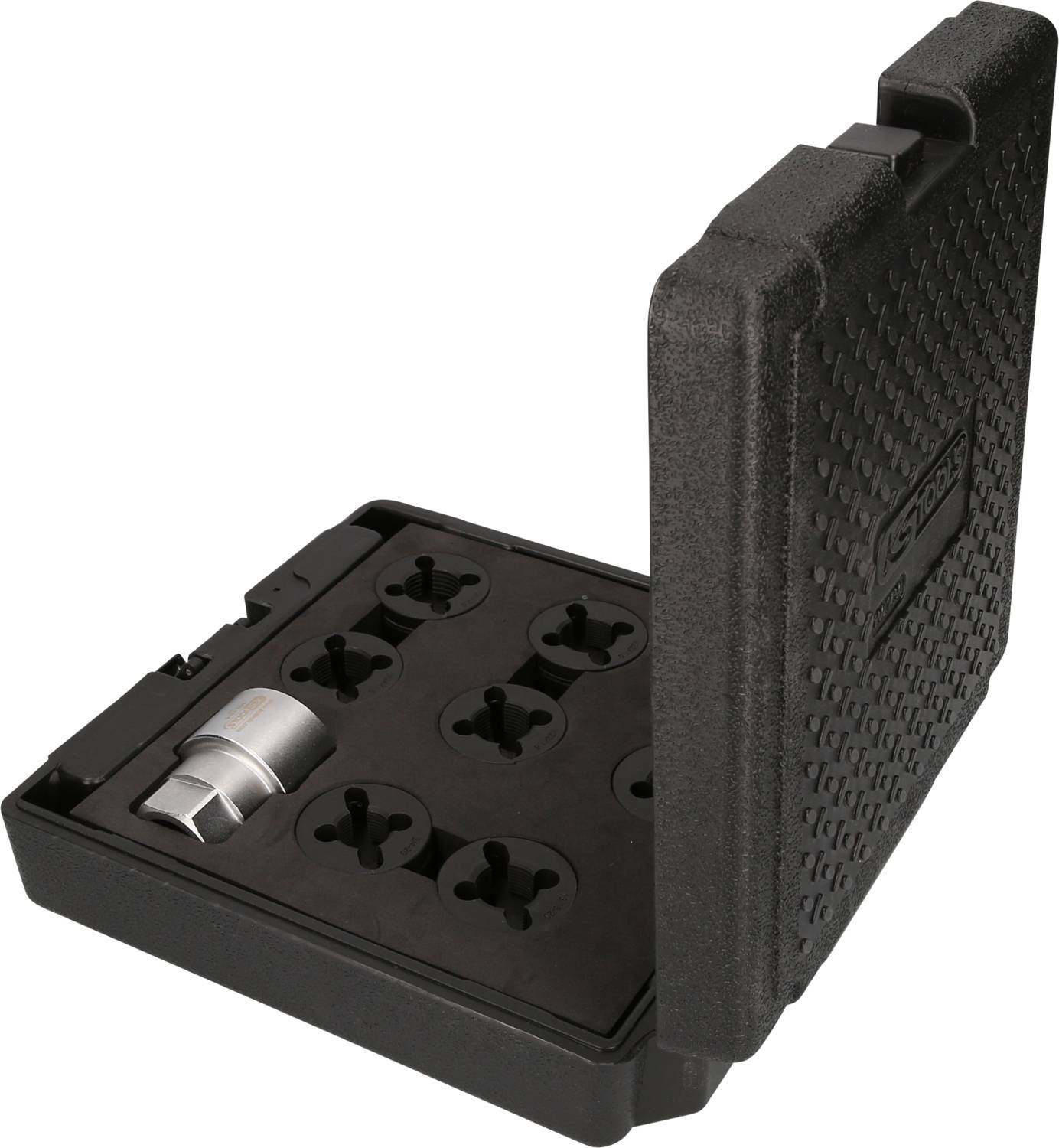 Czarne etui z tworzywa sztucznego z siedmioma miejscami, sześć pustych, jeden wypełniony wkładką metalową.