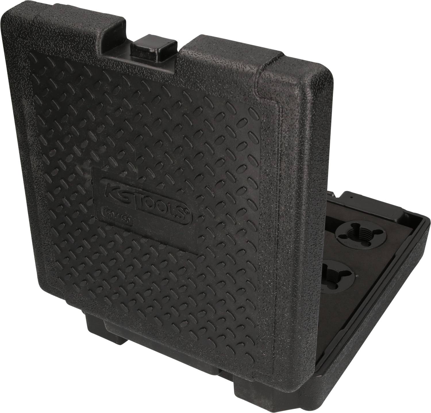 Czarny plastikowy kufer od KS Tools z fakturowanym wzorem; lekko otwarty, ukazujący przegródki wewnątrz.
