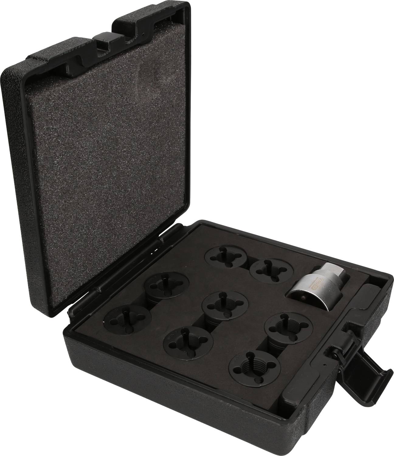 Otwarty zestaw narzędzi z siedmioma okrągłymi wkładkami i urządzeniem cylindrycznym w czarnej walizce.