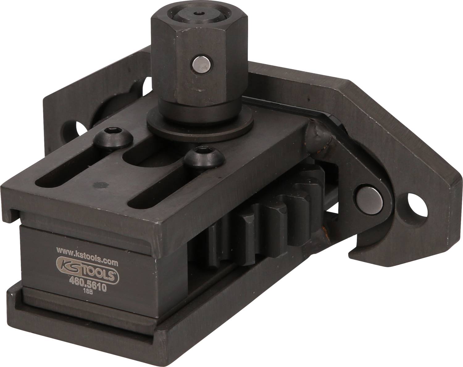 Metalowe narzędzie warsztatowe z regulowanym mechanizmem i wkładką śrubową, stosowane do precyzyjnej obróbki maszynowej.