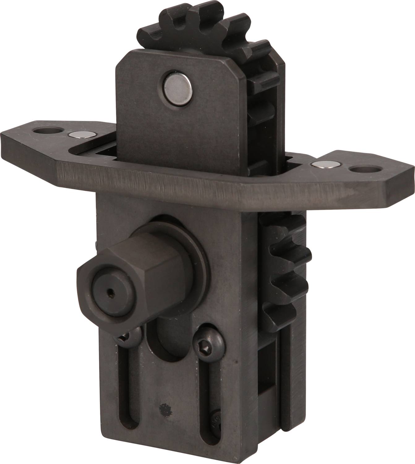 Czarny, metalowy zamek przesuwny z kółkami zębatymi i śrubą, przeznaczony do instalacji w drzwiach lub oknach przesuwnych.