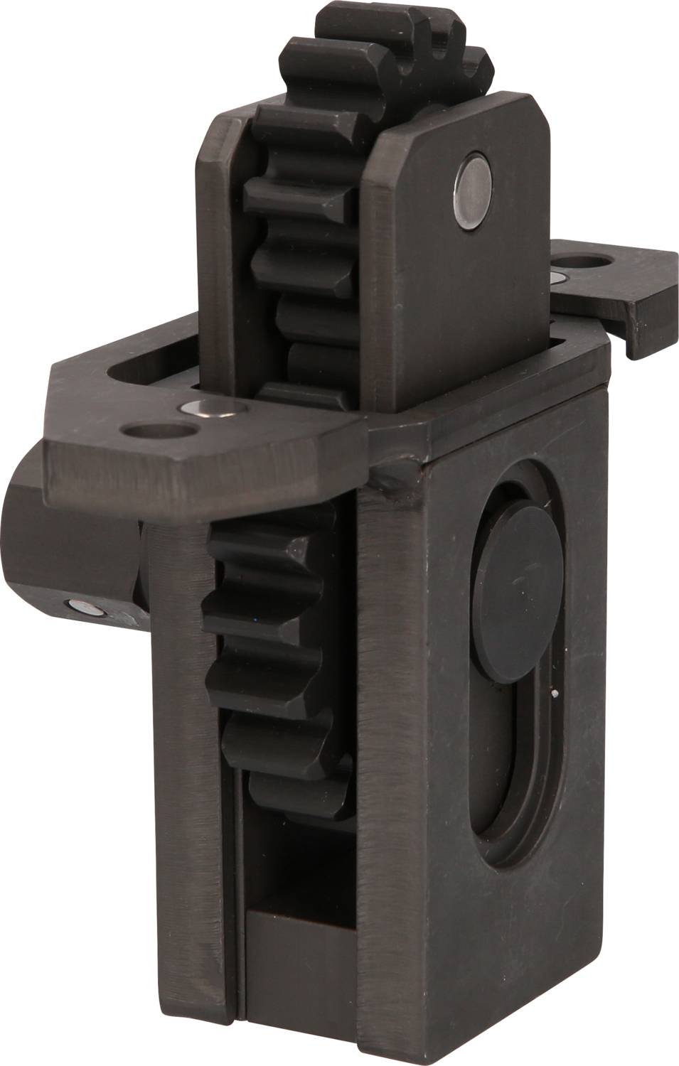 Czarne pionowo ustawione koło zębate z dwoma widocznymi kołami zębatymi w metalowej obudowie.