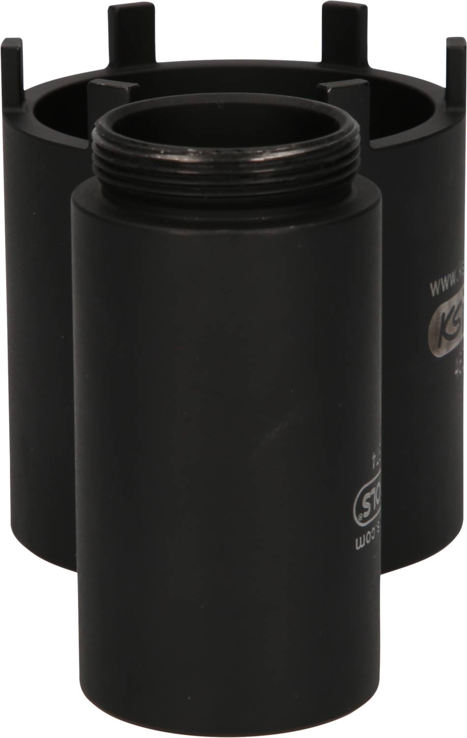 Czarny cylindryczny element metalowy z gwintem i otaczającym go pierścieniem z czterema pionowymi wspornikami.