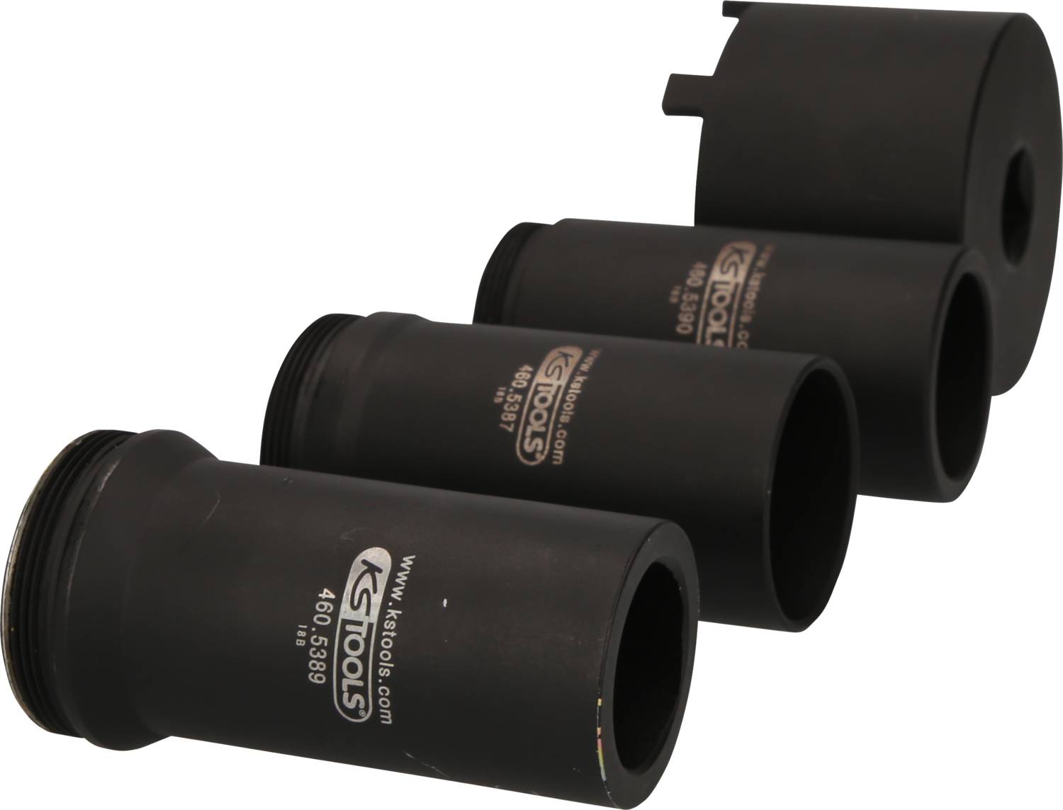 Cztery czarne końcówki narzędziowe ułożone w rzędzie. Wszystkie końcówki są oznaczone napisem 'KS Tools'.