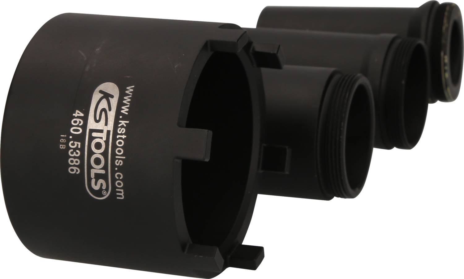 Cztery czarne nakładki nasadowe o różnych rozmiarach marki KS Tools, ułożone od największej do najmniejszej.