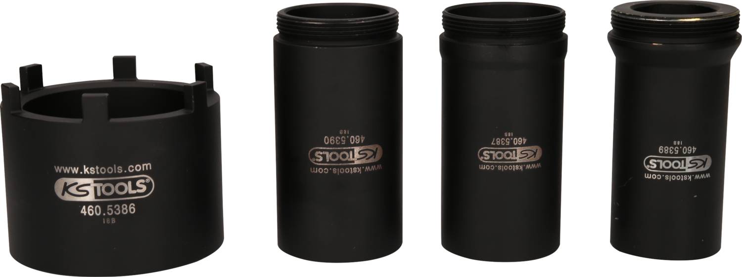 Cztery czarne wkładki w różnych rozmiarach z napisem 'KS TOOLS', używane do naprawy części samochodowych.