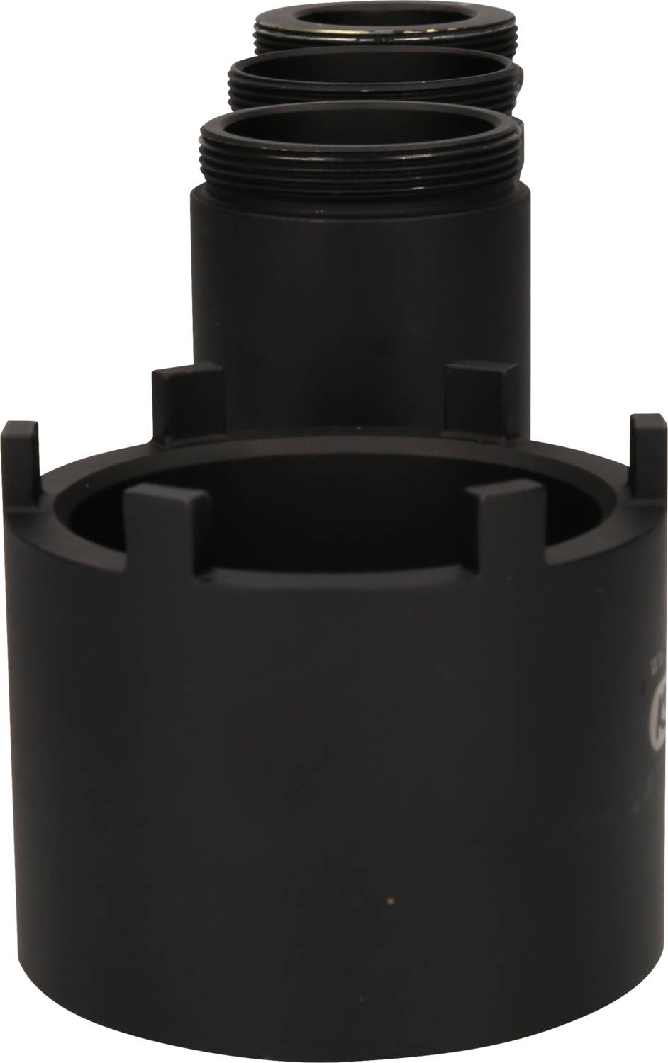 Czarny cylindryczny element metalowy z gwintem, składający się z trzech nawarstwonych segmentów. Stosowany podczas montażu maszyn.