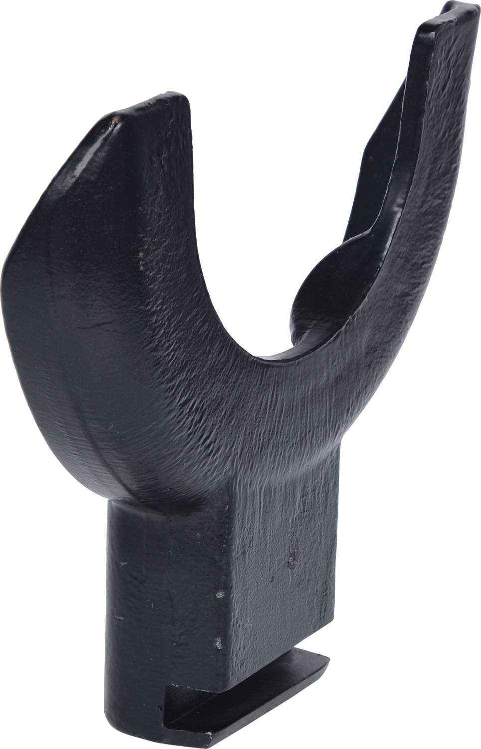 Czarna, wykonana z tworzywa sztucznego, uchwyt w kształcie litery U z solidną podstawą, przeznaczony do mocowania przedmiotów takich jak wędki.